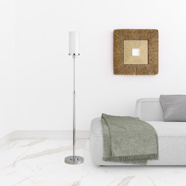 Nickel Torchiere Floor Lamp With White Frosted Glass Drum Shade